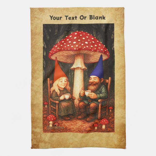 Amanita Mushroom and Gnomes Kitchen Towel (Vertical)