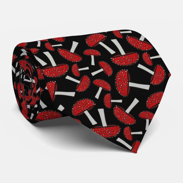Amanita Mushroom Pattern on Black Fungus Fungi Tie (Rolled)