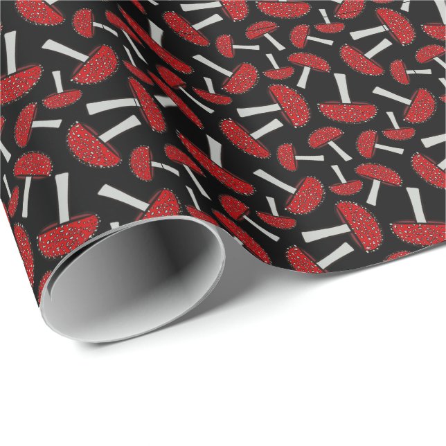 Amanita Mushroom Pattern on Black Fungus Fungi Wrapping Paper (Roll Corner)