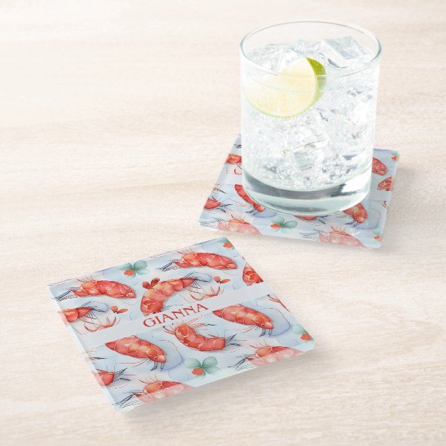 Amano Shrimp Watercolor Colourful Pattern Glass Coaster (Angled)