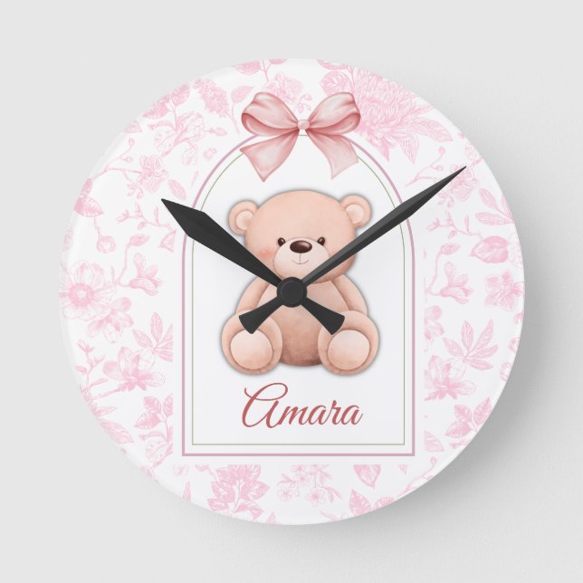 Amara | Custom Pink Teddy Bear Nursery Design  Round Clock (Front)
