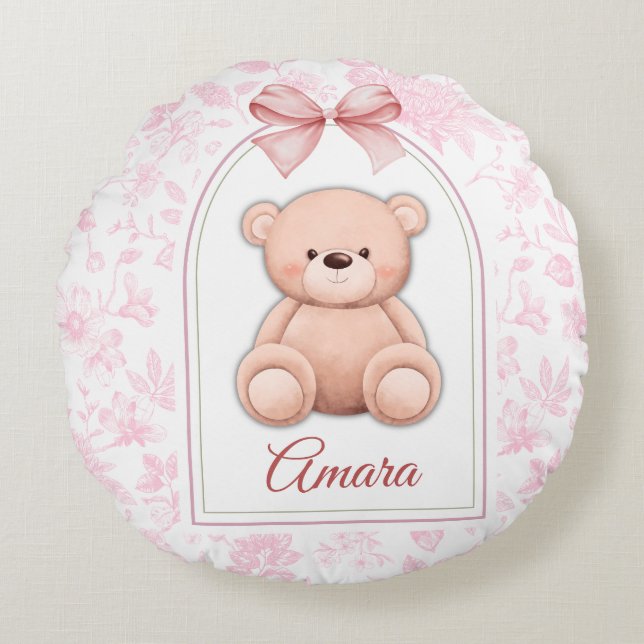 Amara | Custom Pink Teddy Bear Nursery Design  Round Pillow (Front)