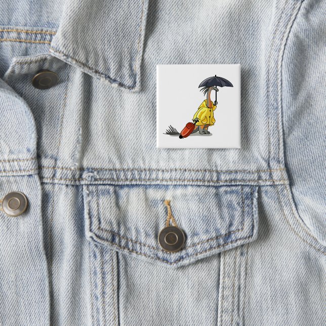 Amargasaurus Holding Umbrella And Suitcase. 2 Inch Square Button (In Situ)