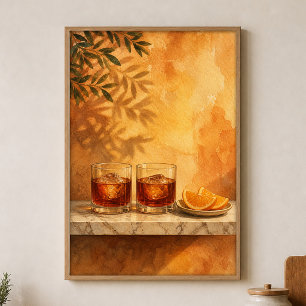 Amaro Glasses & Orange Slices Watercolour Poster