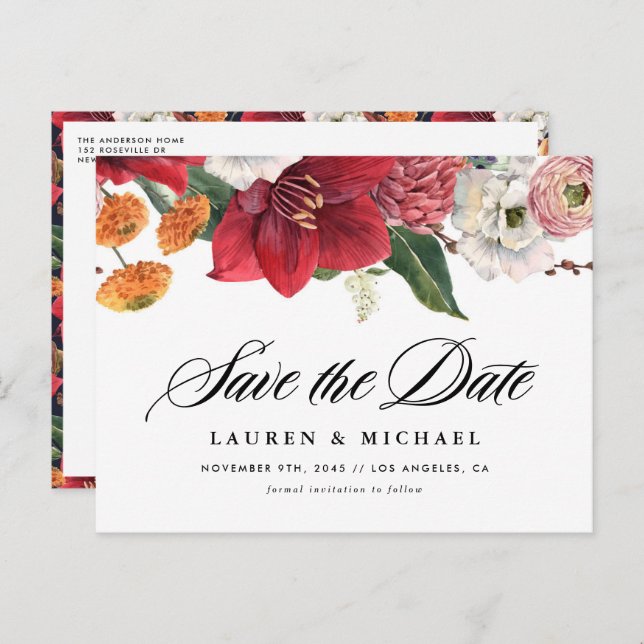 Amaryllis and Autumn Florals QR Code Save the Date Announcement Postcard (Front/Back)