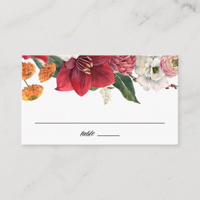 Amaryllis and Chrysanthemums Botanical Wedding Place Card (Front)
