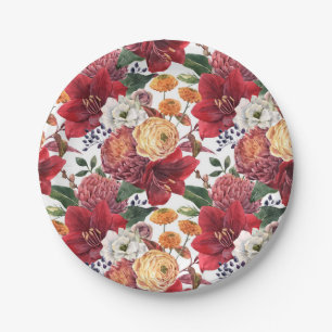 Amaryllis and Chrysanthemums Floral Pattern Paper Plate