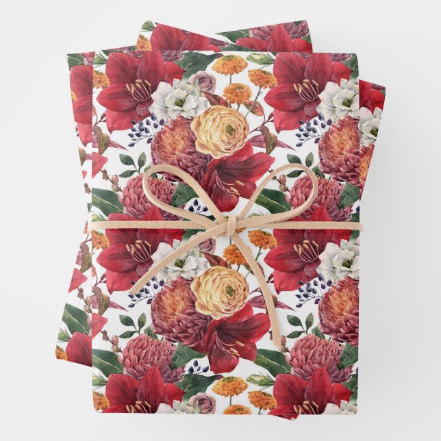 Amaryllis and Chrysanthemums Floral Pattern Wrapping Paper Sheet (In situ)