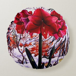 Amaryllis by Snow Window Round Pillow