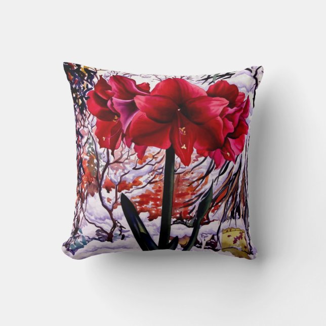 Amaryllis by Snow Window Throw Pillow (Front)