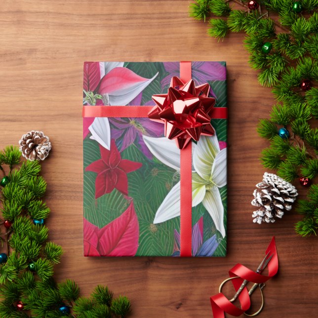 Amaryllis Flowers and pine Wrapping Paper (Holiday Gift)