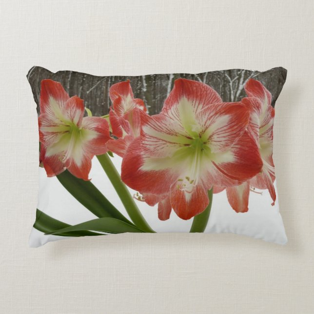 Amaryllis in Snow Red Holiday Winter Floral Accent Pillow (Front)