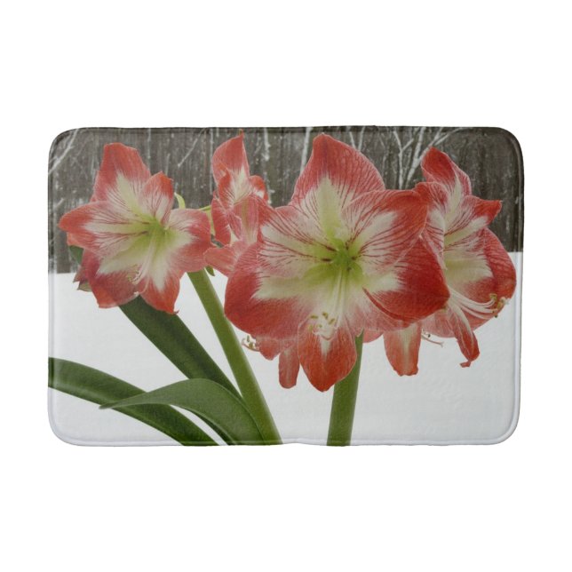 Amaryllis in Snow Red Holiday Winter Floral Bath Mat (Front)