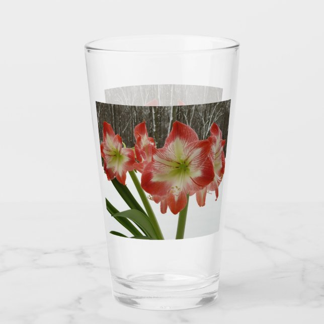Amaryllis in Snow Red Holiday Winter Floral Glass (Front)