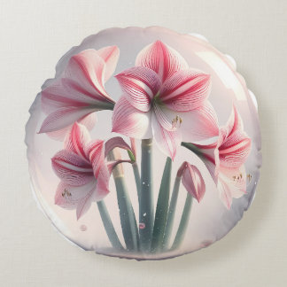 Amaryllis Pink White flowers Round Pillow