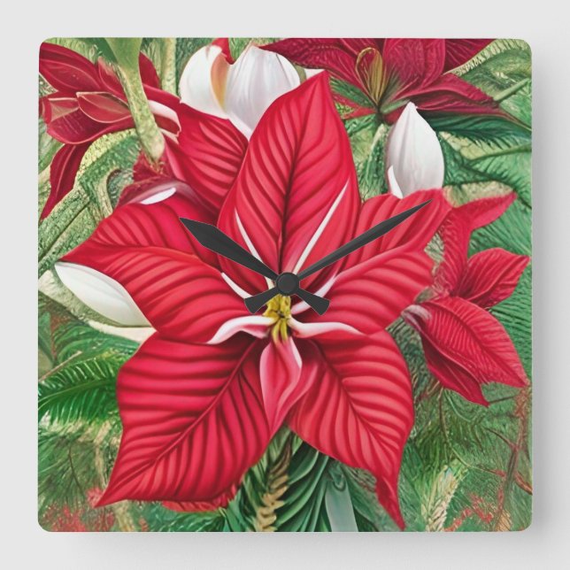 Amaryllis Poinsettia Hybrid AI Art  Square Wall Clock (Front)