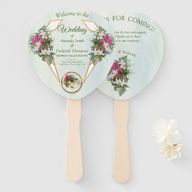 Amaryllis white lilies, ferns Bouquets Hand Fan (Front and Back)