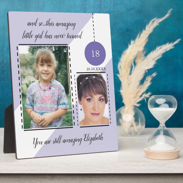 Amazing 18th Birthday name date purple photos Plaque (Side)