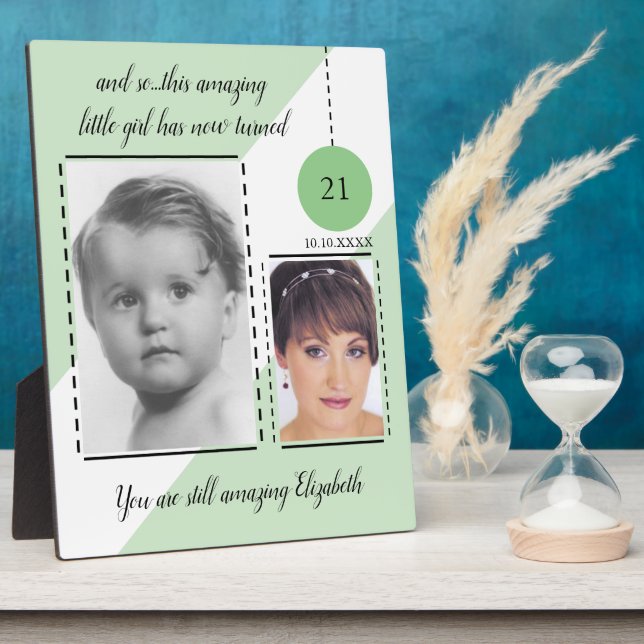 Amazing 21st Birthday name date green photos Plaque (Side)
