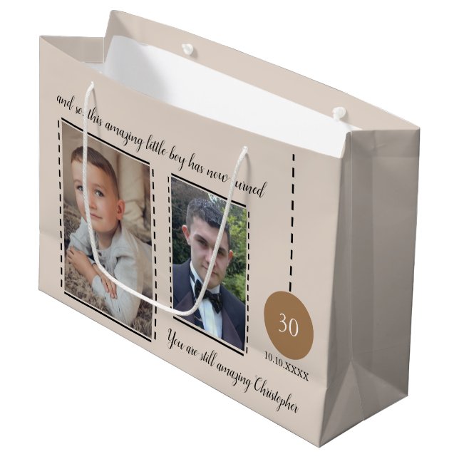 Amazing 30th Birthday name date beige brown photos Large Gift Bag (Front Angled)