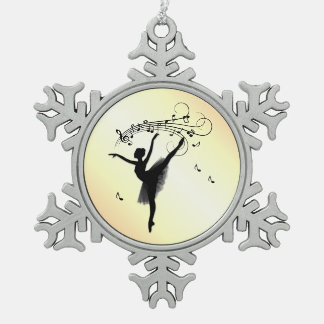Amazing Ballerina Dancing with Music Yellow Snowflake Pewter Christmas Ornament (Front)