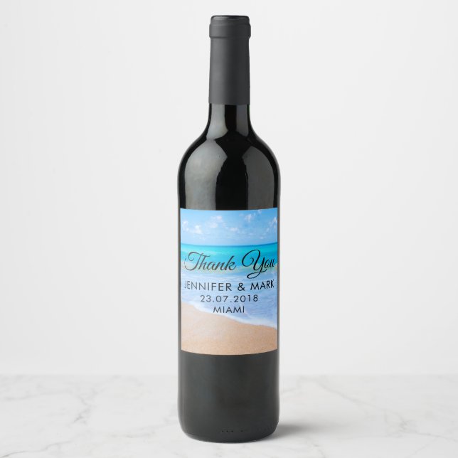 Amazing Beach Tropical Scene Photo Wedding Thanks Wine Label (Front)