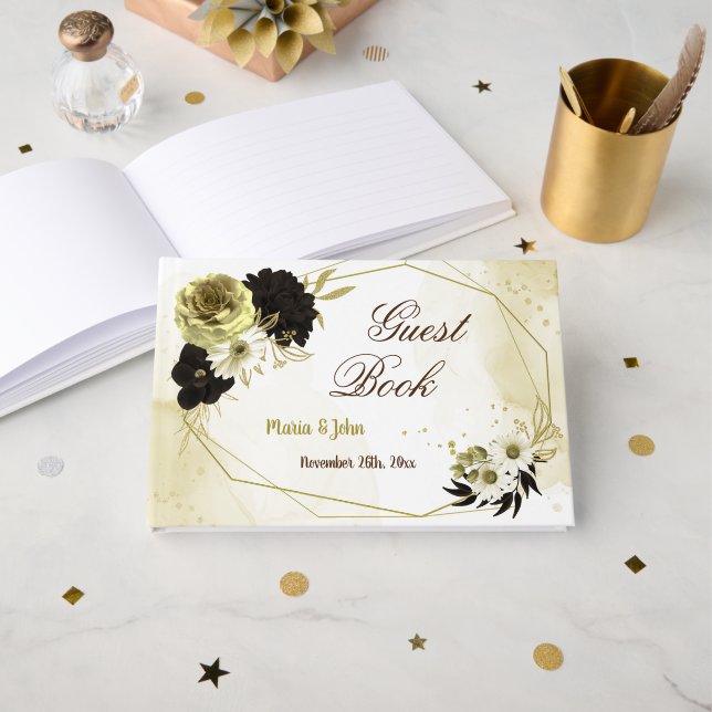 Amazing brown ivory gold flowers geometric guest book (Front Open)