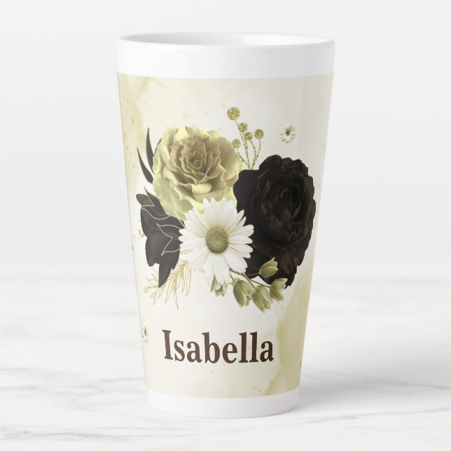 Amazing brown ivory gold flowers monogram latte mug (Front)