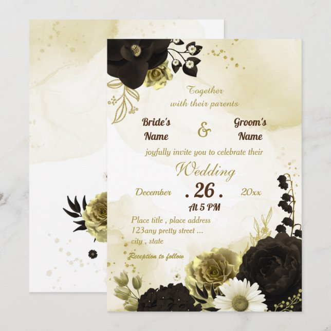 Amazing brown ivory gold flowers wedding invitation (Front/Back)