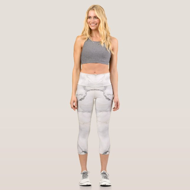Amazing Colour Print  White Marble Capri Leggings (Front)