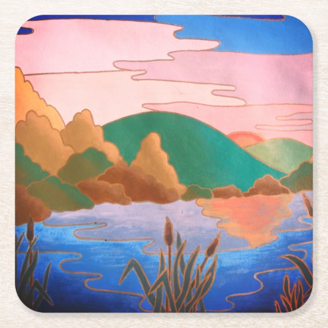 amazing colourful contempory abstract landscape  square paper coaster (Front)