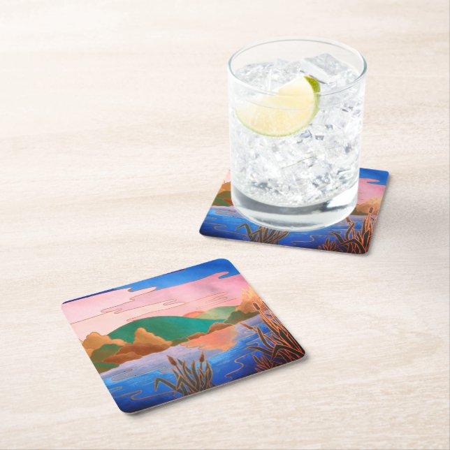 amazing colourful contempory abstract landscape square paper coaster (Insitu)