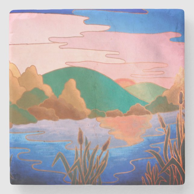 amazing colourful contempory abstract landscape  stone coaster (Front)