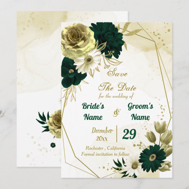 Amazing emerald green ivory gold flowers geometric save the date (Front/Back)