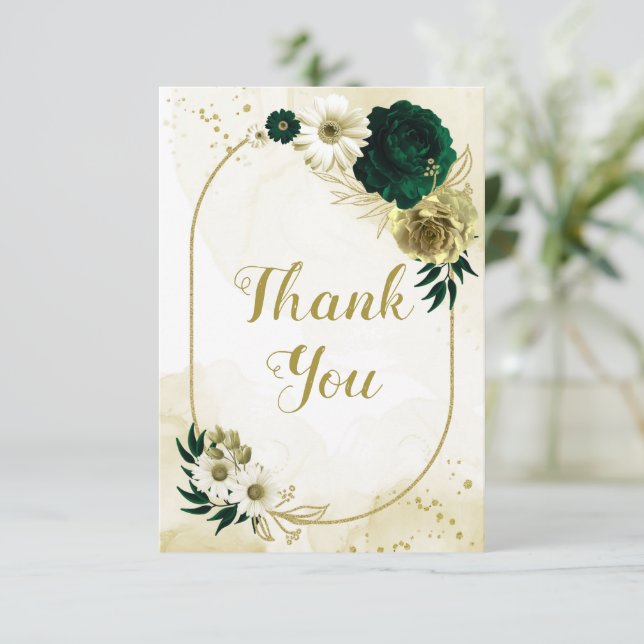 Amazing emerald green ivory gold flowers geometric thank you card (Standing Front)