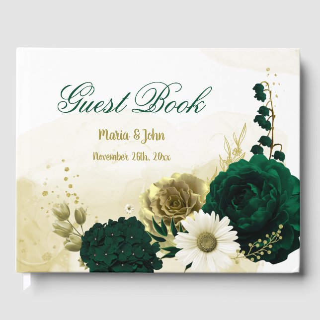 Amazing emerald green ivory gold flowers guest book (Front)