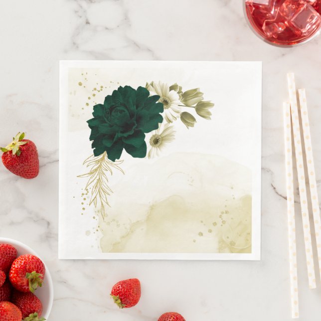 Amazing emerald green ivory gold flowers napkin (Insitu)