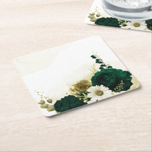 Amazing emerald green ivory gold flowers square paper coaster