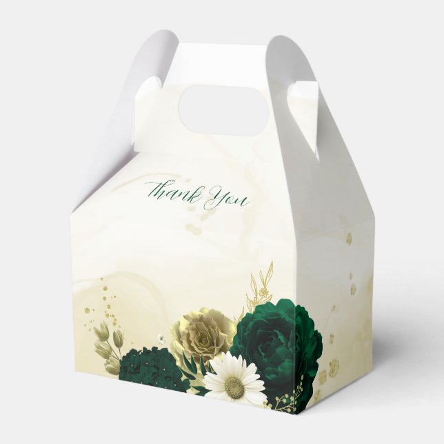 Amazing emerald green ivory gold flowers wedding favor box (Front Side)