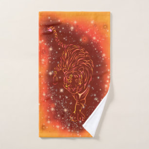 Amazing Fire Tiger Running At Galaxy Starry Night  Bath Towel Set