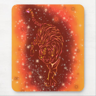 Amazing Fire Tiger Running At Galaxy Starry Night Mouse Pad