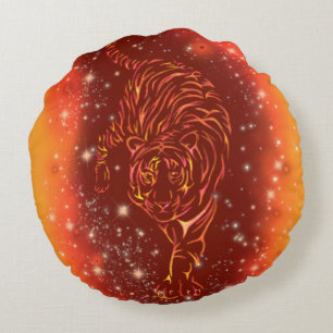 Amazing Fire Tiger Running At Galaxy Starry Night  Round Pillow