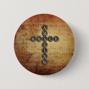 Amazing Grace Cross on Vintage Music Sheet 2 Inch Round Button