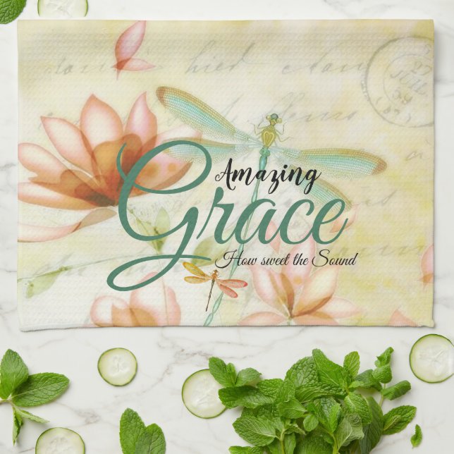 Amazing Grace Flowers and dragonfly   Kitchen Towel (Folded)