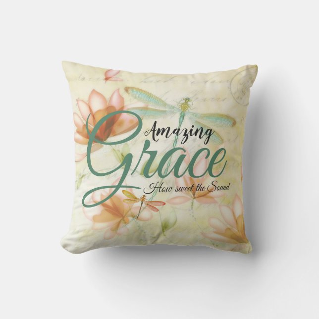 Amazing Grace Flowers and dragonfly  Outdoor Pillow (Front)