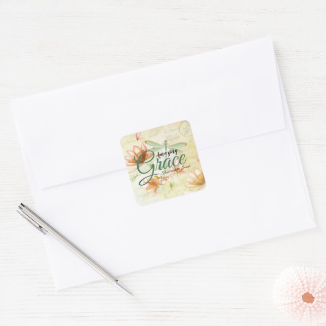 Amazing Grace Flowers and dragonfly  Square Sticker (Envelope)