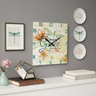 Amazing Grace Flowers and dragonfly   Square Wall Clock