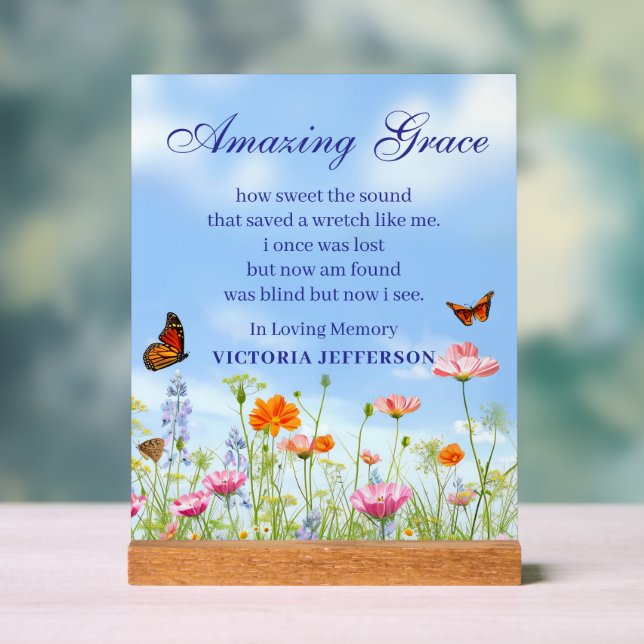 Amazing Grace In Loving Memory Butterfly Floral Acrylic Sign (Neutral)