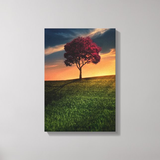 Amazing Landscape with a Red Tree at Sunset Canvas Print (Front)