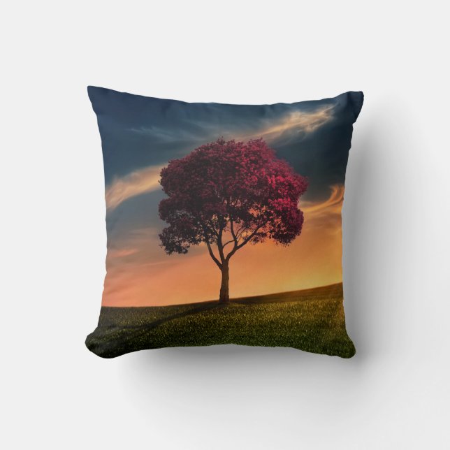 Amazing Landscape with a Red Tree at Sunset Throw Pillow (Front)